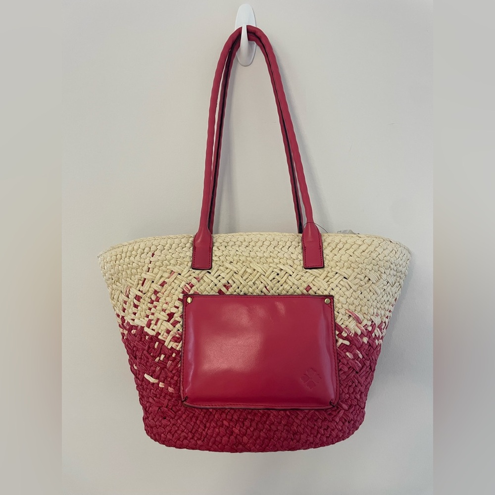 NWT Patricia Nash Calypso Medium Woven Straw Red Tote Leather Trim 2 Handles